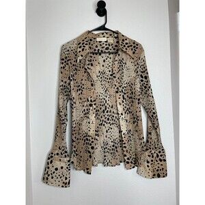 Vintage Caviar Womens XL Leopard Print Pleated Button Front Blouse Bell